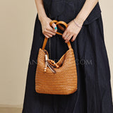 Woven Leather Bucket Bag Genuine Leather Bucket Shoulder Bag Womens 