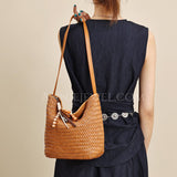 Woven Leather Bucket Bag Genuine Leather Bucket Shoulder Bag Womens 