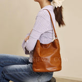 Brown Leather Bucket Bag Genuine Leather Bucket Shoulder Bag Womens 