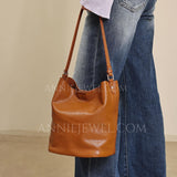 Brown Leather Bucket Bag Genuine Leather Bucket Shoulder Bag Womens 