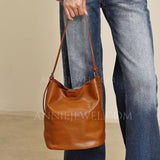 Brown Leather Bucket Bag Genuine Leather Bucket Shoulder Bag Womens 