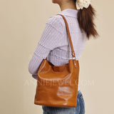 Brown Leather Bucket Bag Genuine Leather Bucket Shoulder Bag Womens 