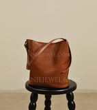 Brown Leather Bucket Bag Genuine Leather Bucket Shoulder Bag Womens 