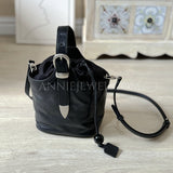 black Drawstring Leather Small Leather Bucket Bag Small Leather Basket Bag Womens - Annie Jewel