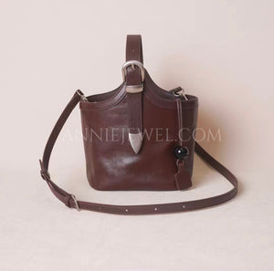 brown Drawstring Leather Small Leather Bucket Bag Small Leather Basket Bag Womens - Annie Jewel