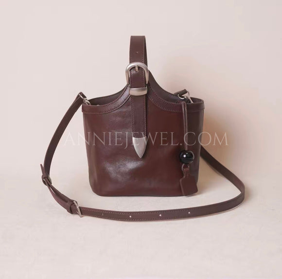 brown Drawstring Leather Small Leather Bucket Bag Small Leather Basket Bag Womens - Annie Jewel