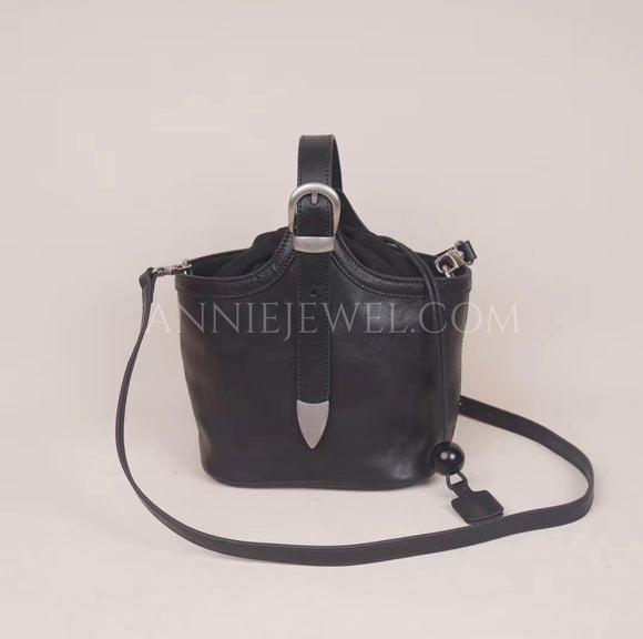 Genuine Leather Drawstring Bucket Bag Black Leather Bucket Crossbody Bag Womens - Annie Jewel