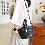 black Drawstring Leather Small Leather Bucket Bag Small Leather Basket Bag Womens - Annie Jewel