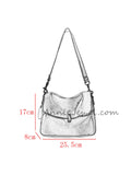 A black and white line drawing of a shoulder bag with red dimension lines 