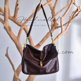brown Genuine Leather Flap Shoulder Bag Gold Clasp Women's Leather Shoulder Bag Curved Flap