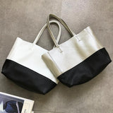 Black And White Upright Leather Tote Bag Soft Genuine Leather Laptop Tote Bag For Women 