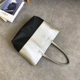 Black And White Upright Leather Tote Bag Soft Genuine Leather Laptop Tote Bag For Women 