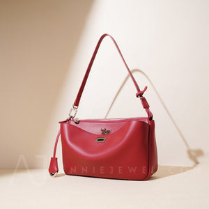 Women's Red Leather Shoulder Bag Medium Leather Shoulder Bag With Zipper 