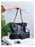 Black Genuine Leather Quilted Tote Bag Chain Strap Black Leather Tote Bag With Pouch Set Womens - Annie Jewel