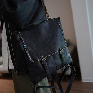 Ladies Black Leather Backpack Rivet Small Leather Black Backpack Womens 