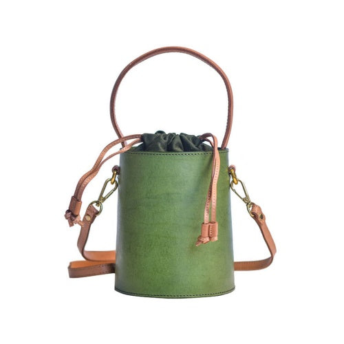 green Leather Small Leather Bucket Bag Crossbody Small Bucket Drawstring Bag Womens 