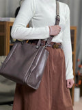 Womens brown Leather Handbag Genuine Leather Tote Bag With Shoulder Strap - Annie Jewel