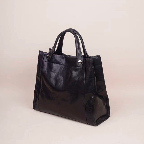 Womens black Leather Handbag Genuine Leather Tote Bag With Shoulder Strap - Annie Jewel