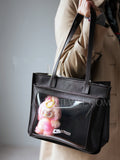 Genuine Leather Work Tote Bag With Leather Trim Clear Display Window Front Pocket Bag