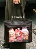 Genuine Leather Work Tote Bag With Leather Trim Clear Display Window Front Pocket Bag