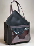 Genuine Leather Work Tote Bag With Leather Trim Clear Display Window Front Pocket Bag