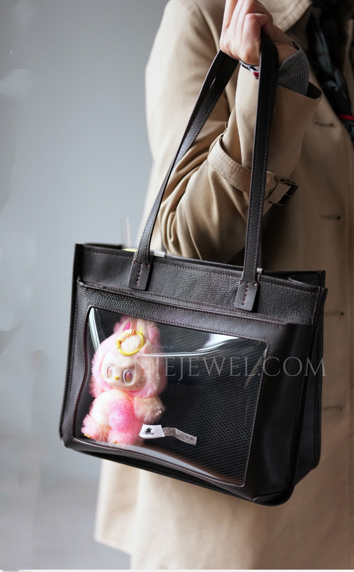 Genuine Leather Work Tote Bag With Leather Trim Clear Display Window F