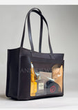 Genuine Leather Work Tote Bag With Leather Trim Clear Display Window Front Pocket Bag
