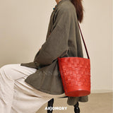 Red Woven Leather Bucket Bag Shoulder Bag Genuine Leather Woven Bag Womens 