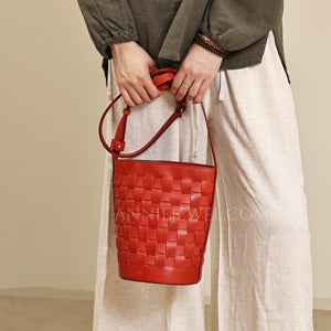 Red Woven Leather Bucket Bag Shoulder Bag Genuine Leather Woven Bag Womens 