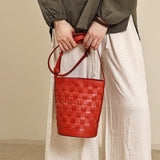 Red Woven Leather Bucket Bag Shoulder Bag Genuine Leather Woven Bag Womens 
