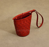 Red Woven Leather Bucket Bag Shoulder Bag Genuine Leather Woven Bag Womens 
