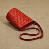 Red Woven Leather Bucket Bag Shoulder Bag Genuine Leather Woven Bag Womens 