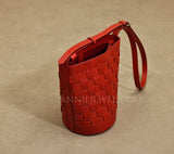 Red Woven Leather Bucket Bag Shoulder Bag Genuine Leather Woven Bag Womens 