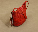 red Woven Leather Bucket Bag Shoulder Bag Genuine Leather Woven Bag Womens