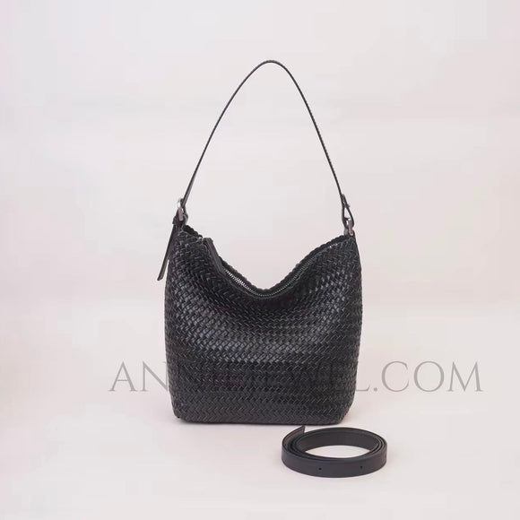 Black Woven Leather Bucket Bag Genuine Leather Bucket Shoulder Bag Womens