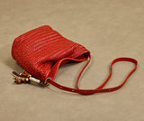 red Woven Leather Bucket Bag Shoulder Bag Genuine Leather Woven Bag Womens