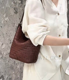 brown Woven Leather Bucket Bag Genuine Leather Bucket Shoulder Bag Womens