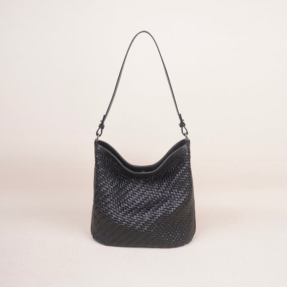 black Woven Leather Bucket Bag Shoulder Bag Genuine Leather Woven Bag Womens