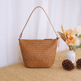 brown Woven Leather Bucket Bag Genuine Leather Bucket Shoulder Bag Womens