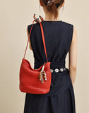red Woven Leather Bucket Bag Shoulder Bag Genuine Leather Woven Bag Womens