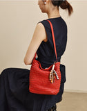 red Woven Leather Bucket Bag Shoulder Bag Genuine Leather Woven Bag Womens