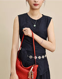 red Woven Leather Bucket Bag Shoulder Bag Genuine Leather Woven Bag Womens