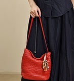 red Woven Leather Bucket Bag Shoulder Bag Genuine Leather Woven Bag Womens