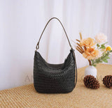 black Woven Leather Bucket Bag Genuine Leather Bucket Shoulder Bag Womens