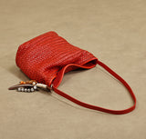 red Woven Leather Bucket Bag Shoulder Bag Genuine Leather Woven Bag Womens