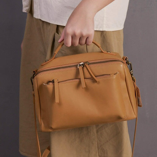 Genuine Leather Zipper Satchel Handbag For Women In Black/ Brown