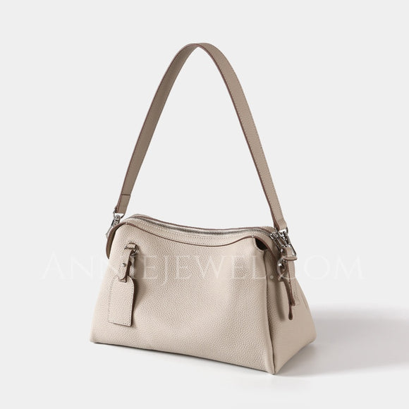 Beige Leather Shoulder Bag Leather Over The Shoulder Bag With Zipper Women