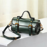 Dark Green Genuine Leather Mini Barrel Bag For Women