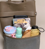 detial of Taupe Pebbled Leather Vertical Tote Bag