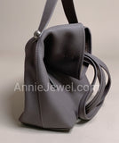 Taupe Pebbled Leather Vertical Tote Bag With Front Zipper Pocket And Matching Pouch DR